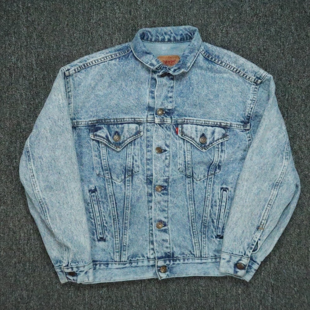 VINTAGE Levis Jacket Women Large Blue Denim Acid Wash Trucker Button Red Tab USA